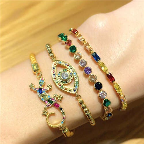 (1 piece) Colorful Cubic Zirconia Inlaid Gecko and Eye Elements 18K Gold Plated Fine Jewelry Type Bracelet