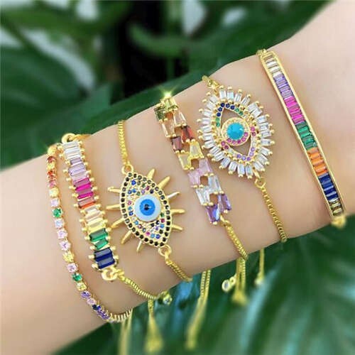 (1 piece) Colorful Cubic Zirconia Inlaid Magic Eyes 18K Gold Plated Fine Jewelry Type Bracelet