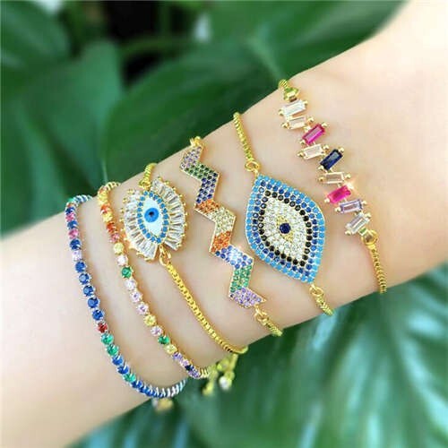 (1 piece) Colorful Cubic Zirconia Embellished Evil Eye 18K Gold Plated Fine Jewelry Type Bracelet