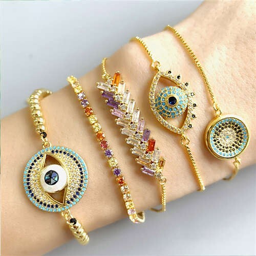 (1 piece) Colorful Cubic Zirconia Inlaid Creative Eyes Design 18K Gold Plated Fine Jewelry Type Bracelet